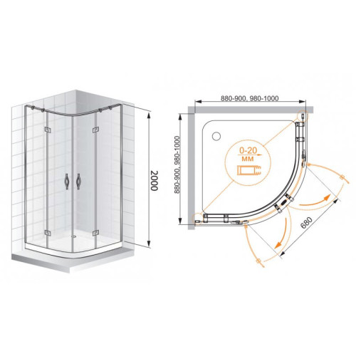 Душевой уголок  CEZARES BERGAMO-W-R-2-100-ARCO-C-Cr-IV