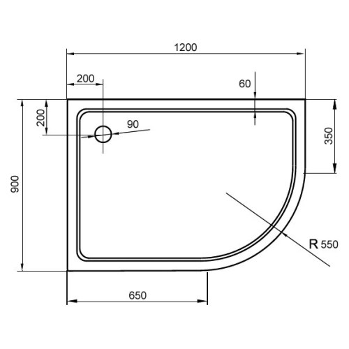 Поддон для душа Cezares TRAY-S-RH-120/90-13-W-L литой из искусственного мрамора, радиальный ассиметричный, R-550.